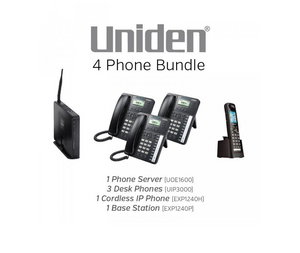 Uniden 4-Phone Bundle - Includes IP PBX Phone Server, 3 SIP Desk Phones, 1 Cordless SIP Handset and 1 SIP Handset Base (UNI-BUNDLE4) New